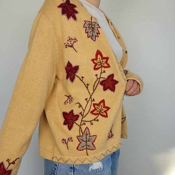 Vintage Leaf Cardigan Sweater Embroidered Cotton XL - Picture 3 of 11